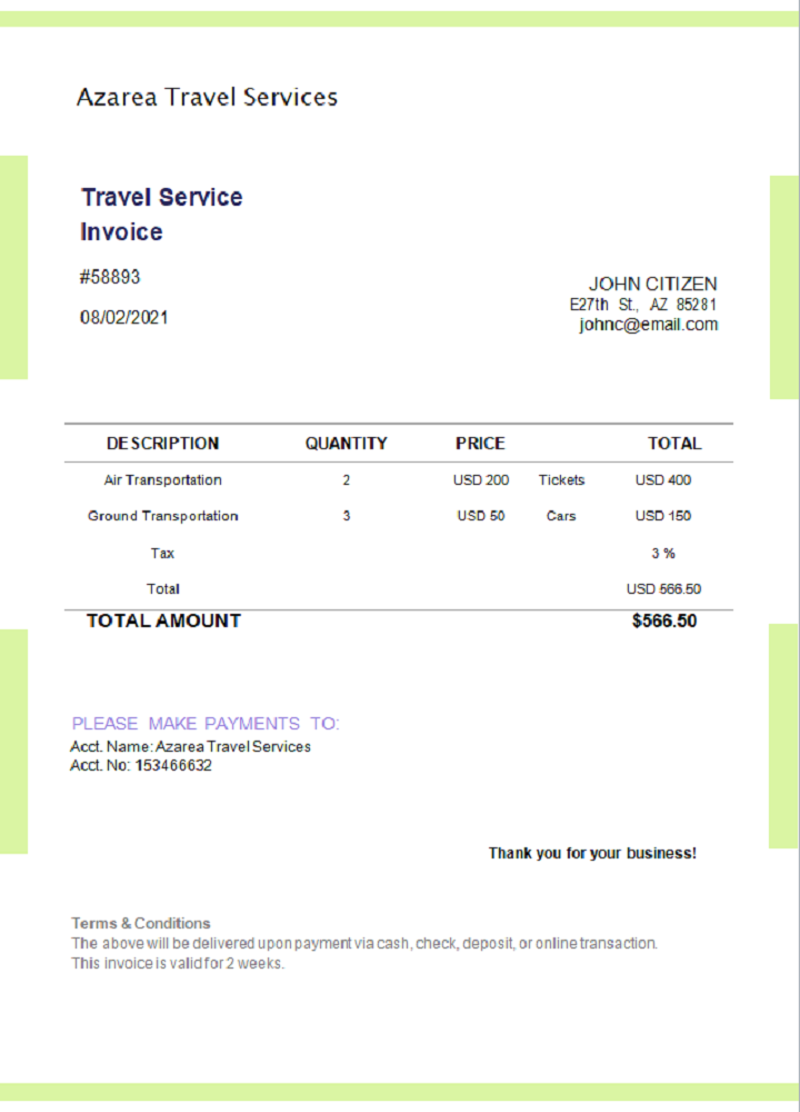 USA Azarea Travel Services invoice PSD template